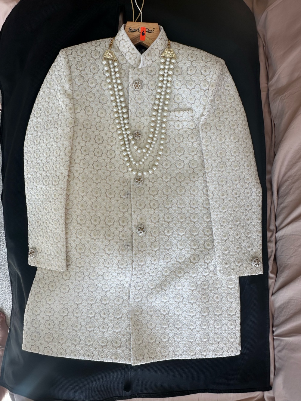 Elegant Cream Textured boys Sherwani with Decorative Buttons